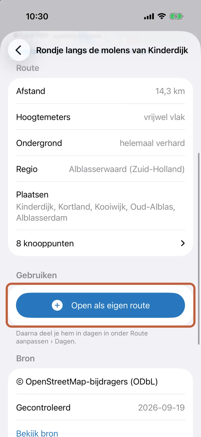 Het detail van Rondje langs de molens van Kinderdijk met de afstand, hoogtemeters, ondergrond, regio, plaatsen en knooppunten, en onder Gebruiken de knop Open als eigen route.