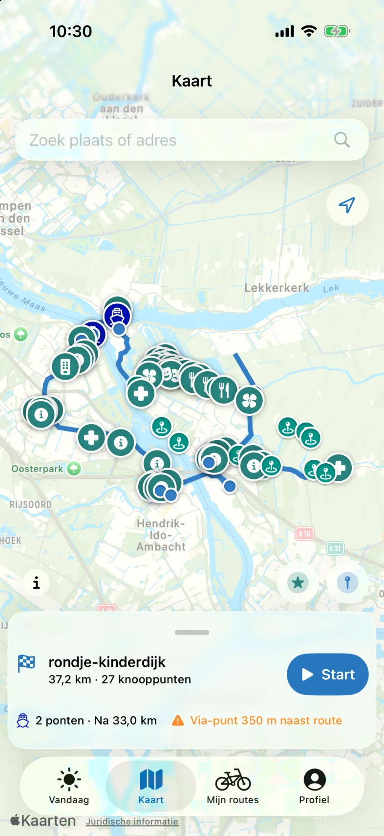 De ingelezen route op de kaart. Onderaan het routepaneel met de naam van het bestand, de afstand, het aantal knooppunten en de knop Start.