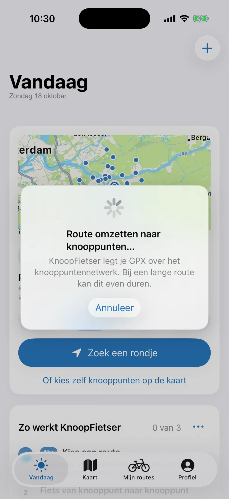 De melding Route omzetten naar knooppunten met de uitleg dat KnoopFietser je GPX over het knooppuntennetwerk legt, en een knop Annuleer.