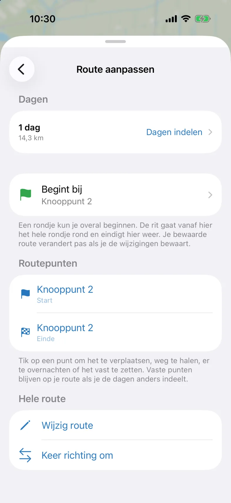 Het scherm Route aanpassen met de onderdelen Dagen (1 dag, met Dagen indelen), Begint bij Knooppunt 2, Routepunten, en Hele route met Wijzig route en Keer richting om.