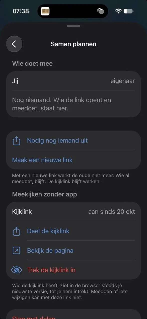 Het onderdeel Meekijken zonder app op de pagina Samen plannen, met de knoppen Deel de kijklink, Bekijk de pagina en Trek de kijklink in.