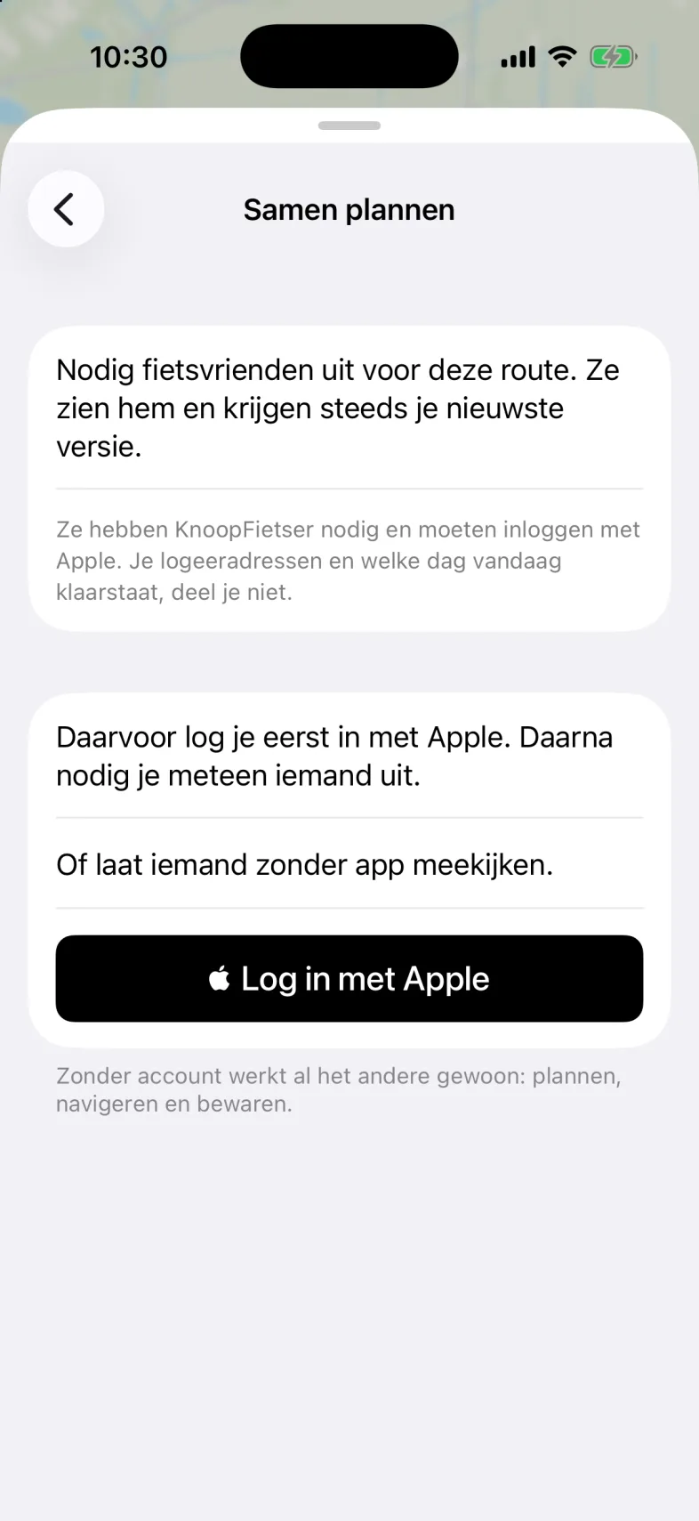 De pagina Samen plannen als je nog niet bent ingelogd: de uitleg dat je fietsvrienden uitnodigt en dat zij KnoopFietser en inloggen met Apple nodig hebben, de knop Log in met Apple, en eronder dat zonder account al het andere gewoon werkt.