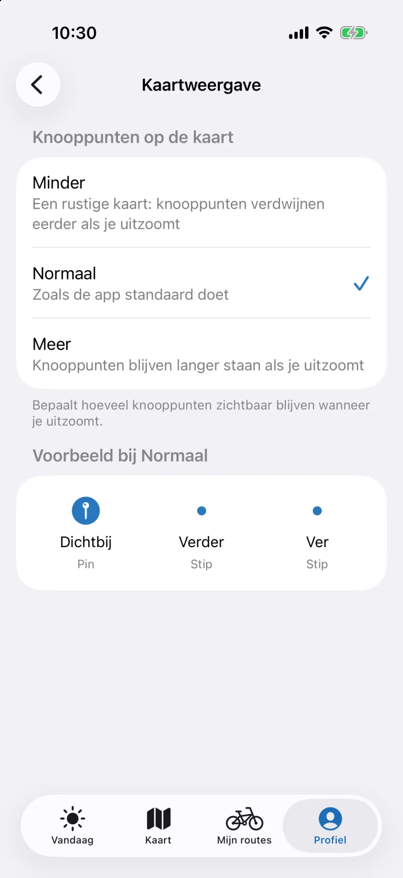 Het scherm Kaartweergave met onder Knooppunten op de kaart de keuze Minder, Normaal of Meer, en een voorbeeld bij Normaal: dichtbij een pin, verder en ver een stip.