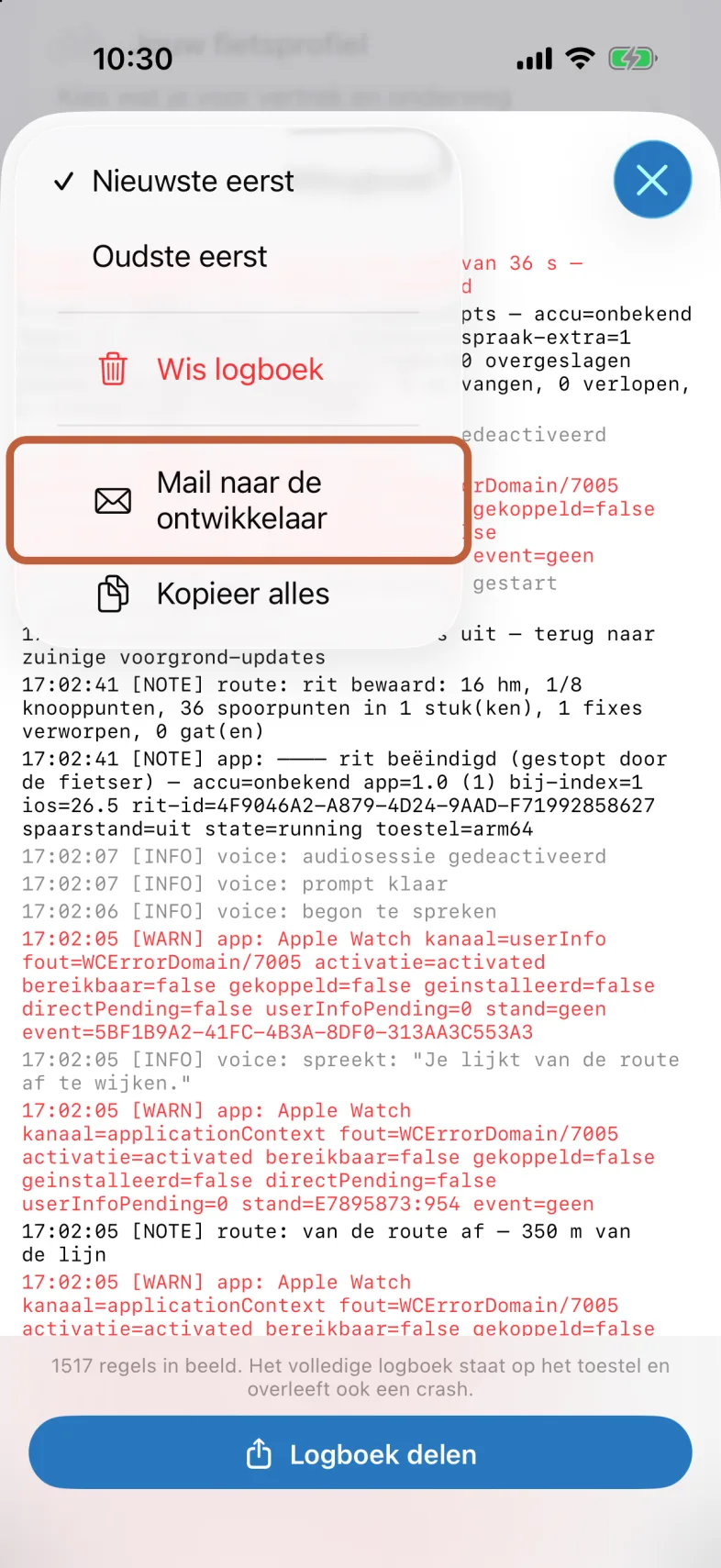 Het ritlogboek met regels over wat de app deed. Linksboven het geopende menu Opties met Nieuwste eerst, Oudste eerst, Wis logboek, Mail naar de ontwikkelaar en Kopieer alles. Onderaan de knop Logboek delen.